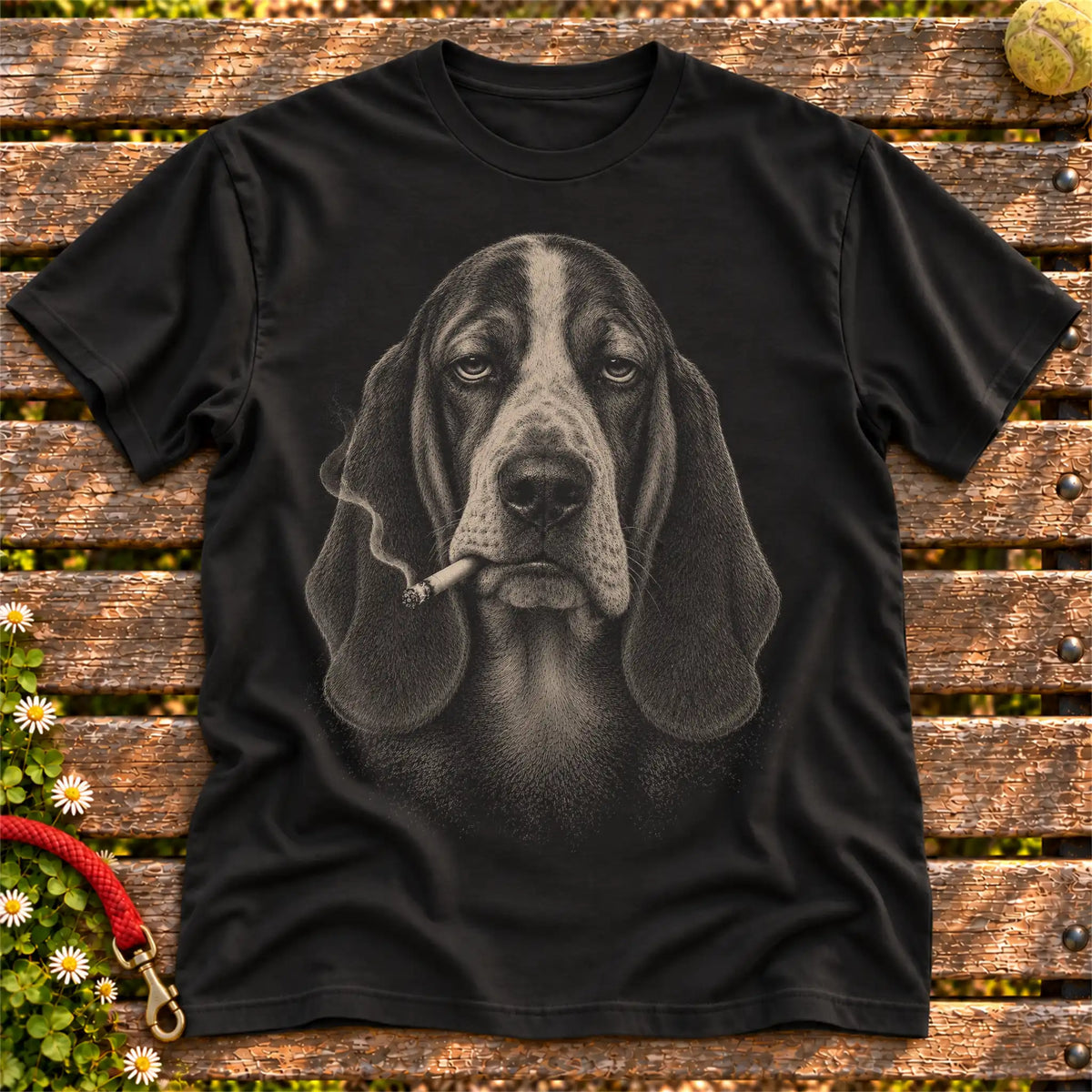 Basset Hound smoking design on a Black t-shirt