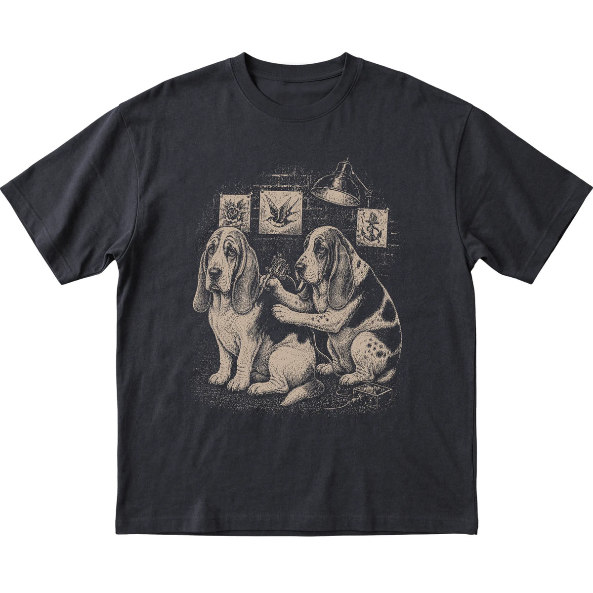 Black Basset Hound Dog Tattoo Artist shirt laid flat