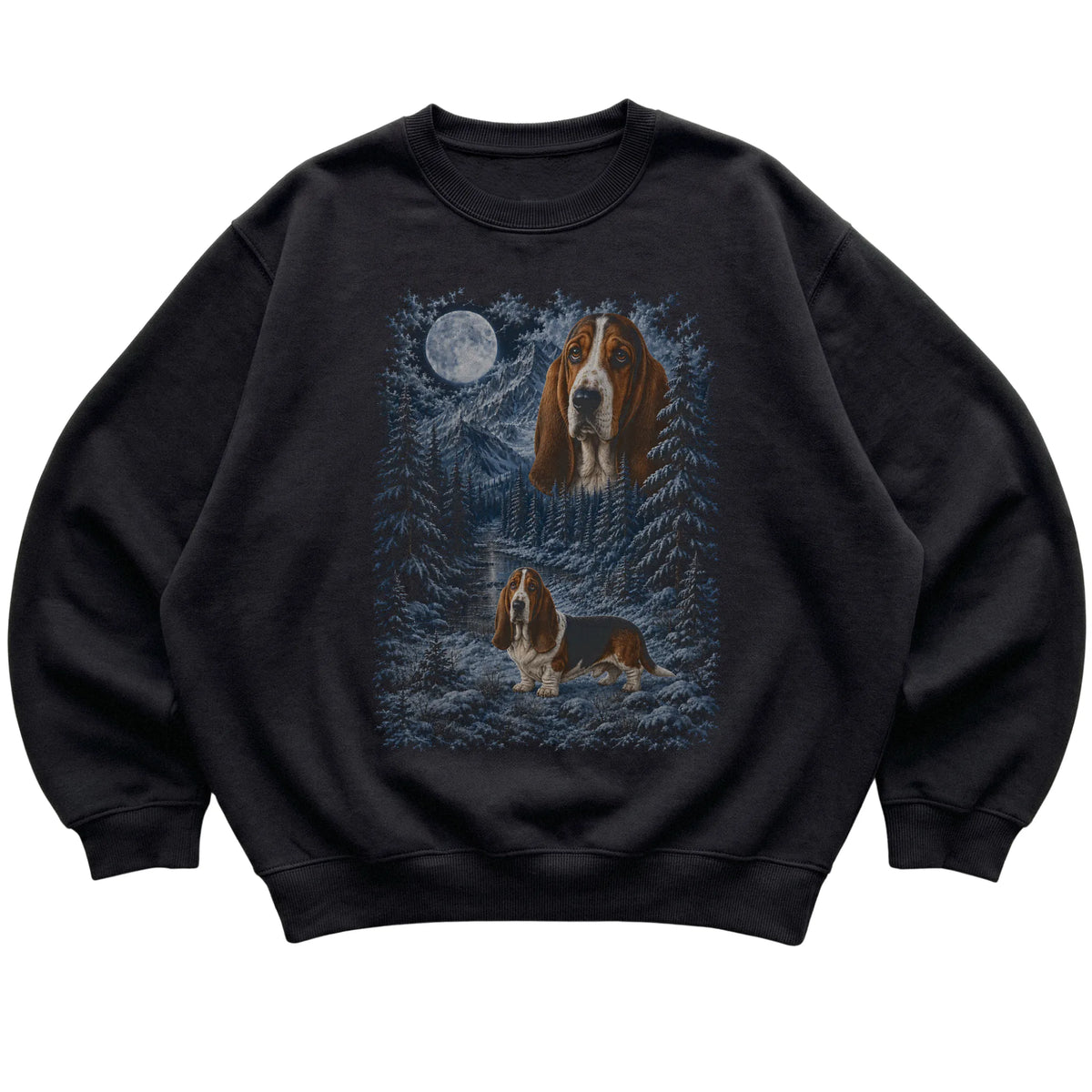 black sweatshirt with Basset Hound Winter Moon artwork.
