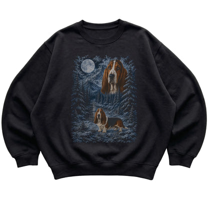 black sweatshirt with Basset Hound Winter Moon artwork.