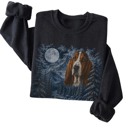 Folded black sweatshirt with Basset Hound Winter Moon artwork.