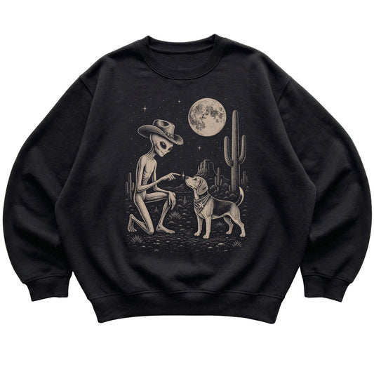 Black crewneck sweatshirt featuring Beagle Cowboy and Alien, laid-flat presentation