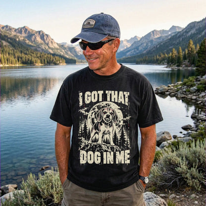 Black Beagle I Got That Dog in Me T-shirt, worn by a model