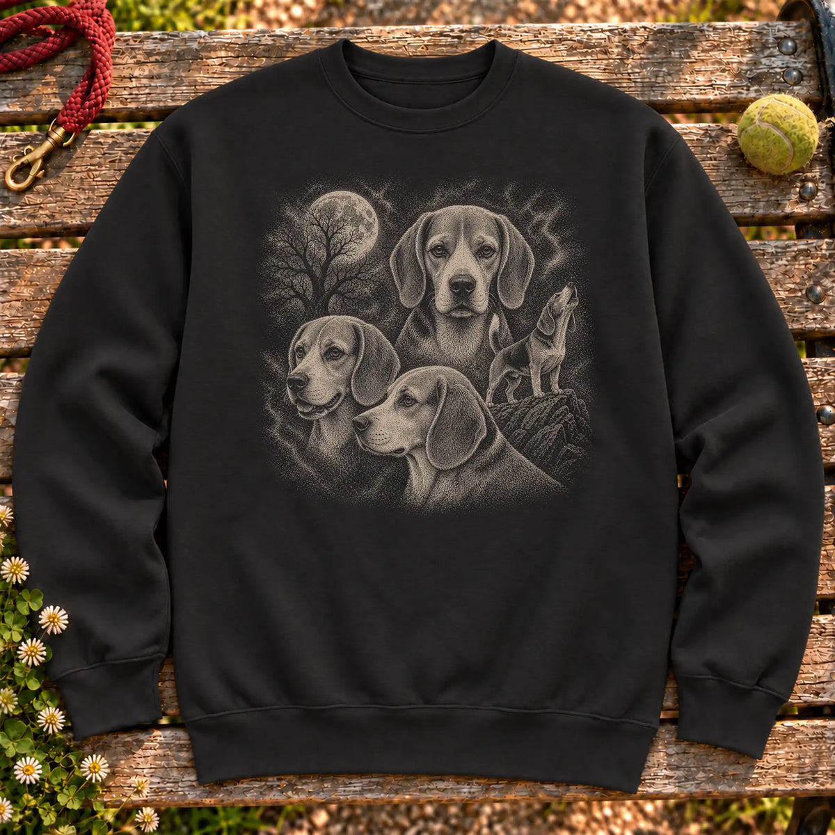 Beagle 90s Moon design on a Black crewneck sweatshirt shown flat
