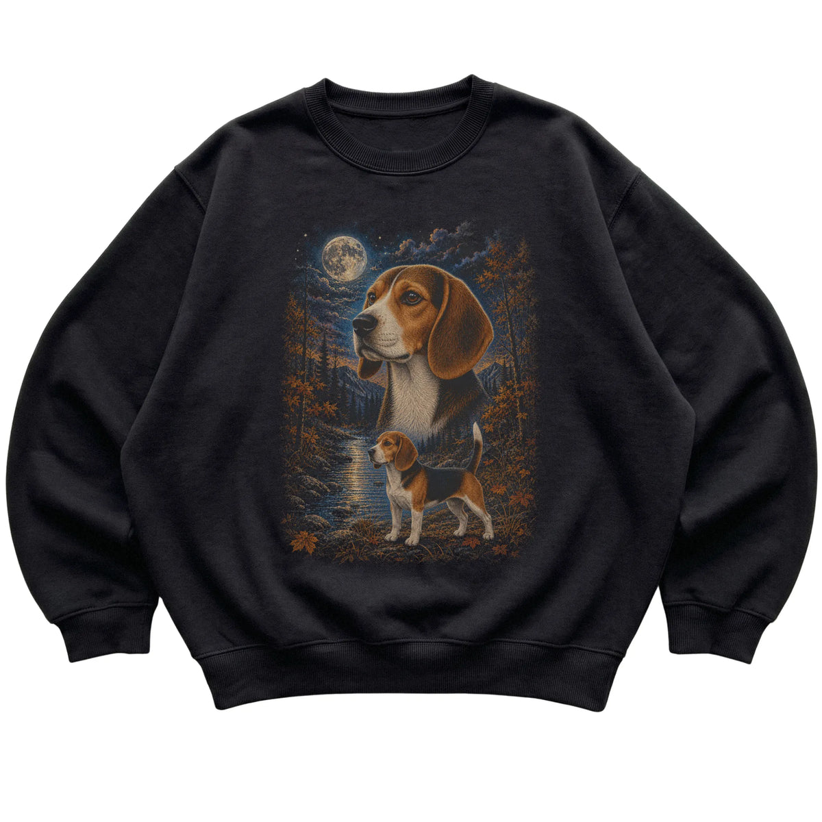 black sweatshirt with Beagle Autumn Moon artwork.