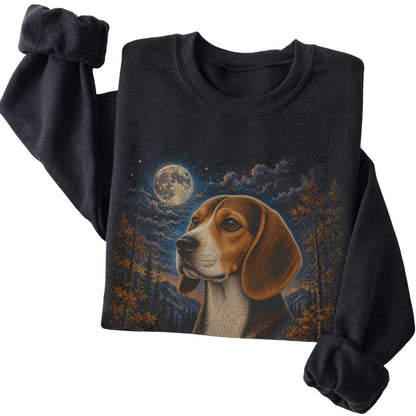 Folded black sweatshirt with Beagle Autumn Moon artwork.