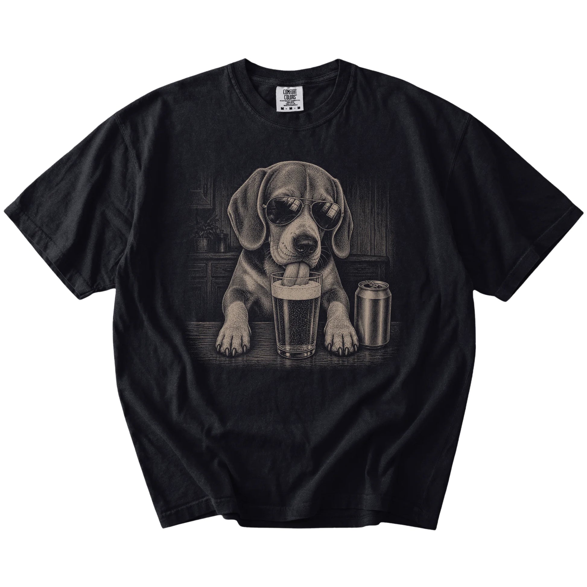 Beagle sneaking a drink from a foamy pint at home on a Black Comfort Colors® t-shirt