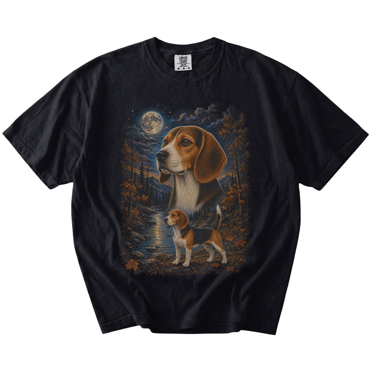 Beagle in a moonlit fall forest scene on a Black Comfort Colors® t-shirt