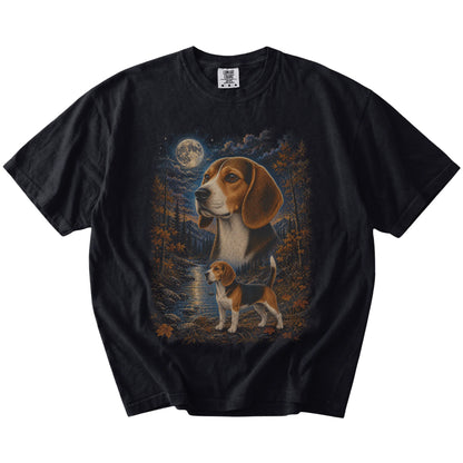 Beagle in a moonlit fall forest scene on a Black Comfort Colors® t-shirt