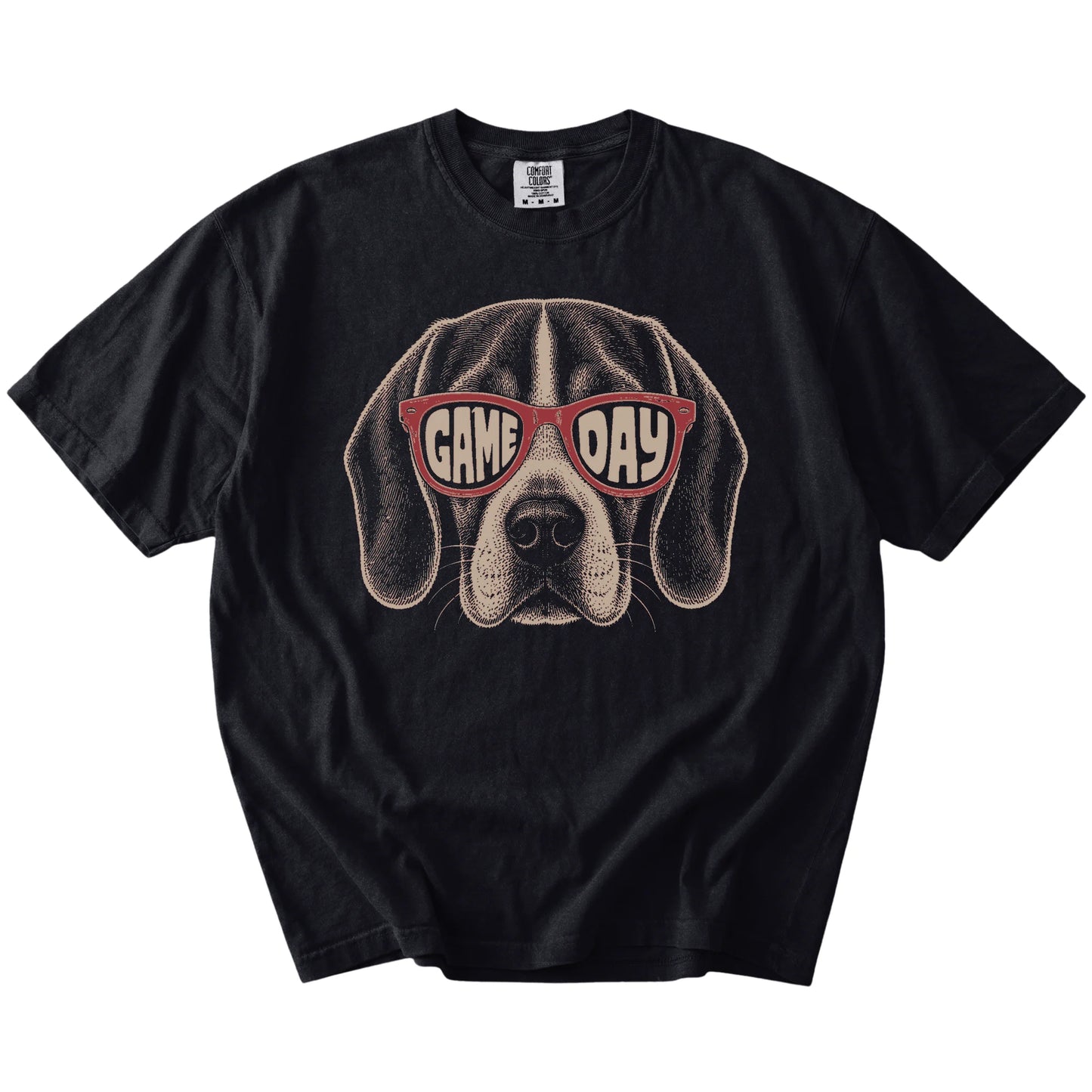 Beagle wearing red Game Day sunglasses on a Black Comfort Colors® T-shirt