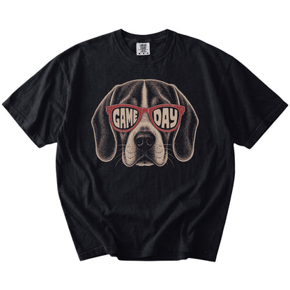 Beagle wearing red Game Day sunglasses on a Black Comfort Colors® T-shirt