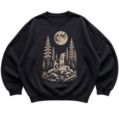 Close view of Beagle Howling at the Moon artwork on Black crewneck sweatshirt