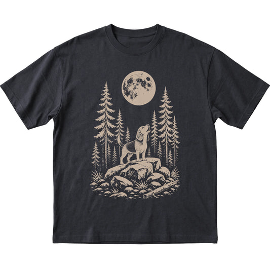 Close view of Beagle Howling at the Moon artwork on Black softstyle T-shirt