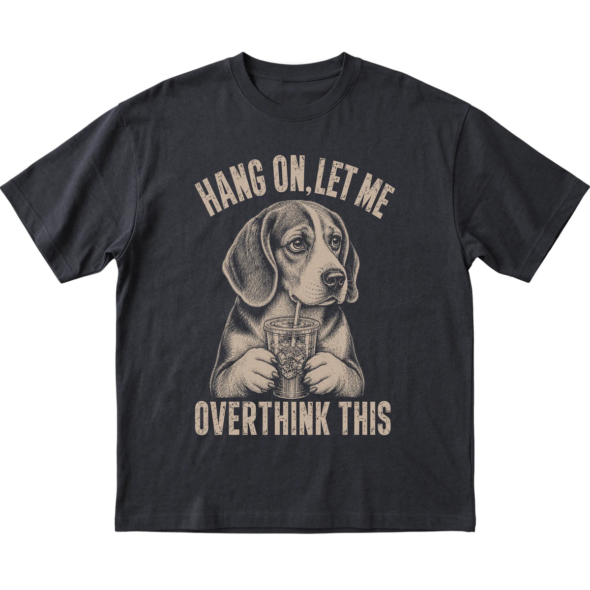 Black T-shirt featuring Overthinking Beagle, laid-flat presentation