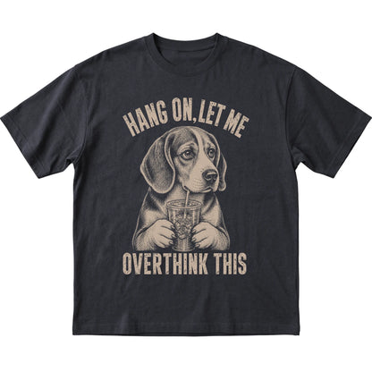 Black T-shirt featuring Overthinking Beagle, laid-flat presentation