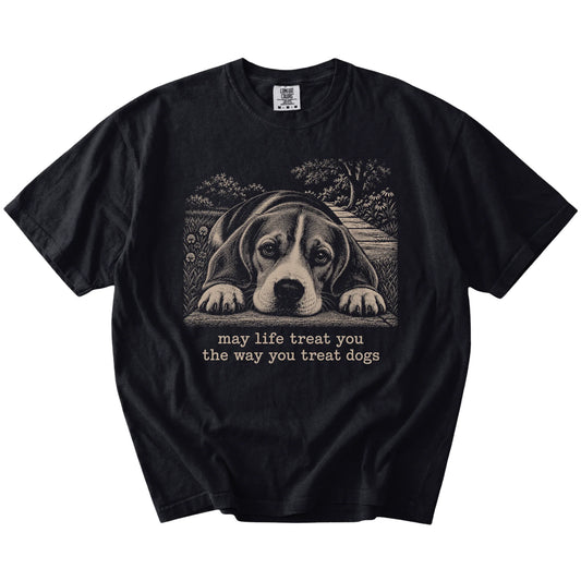 Beagle Karma Comfort Colors T-shirt in Black — Flat Lay