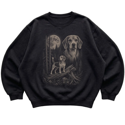 Beagle Moonlit Forest graphic on a black crewneck sweatshirt laid flat