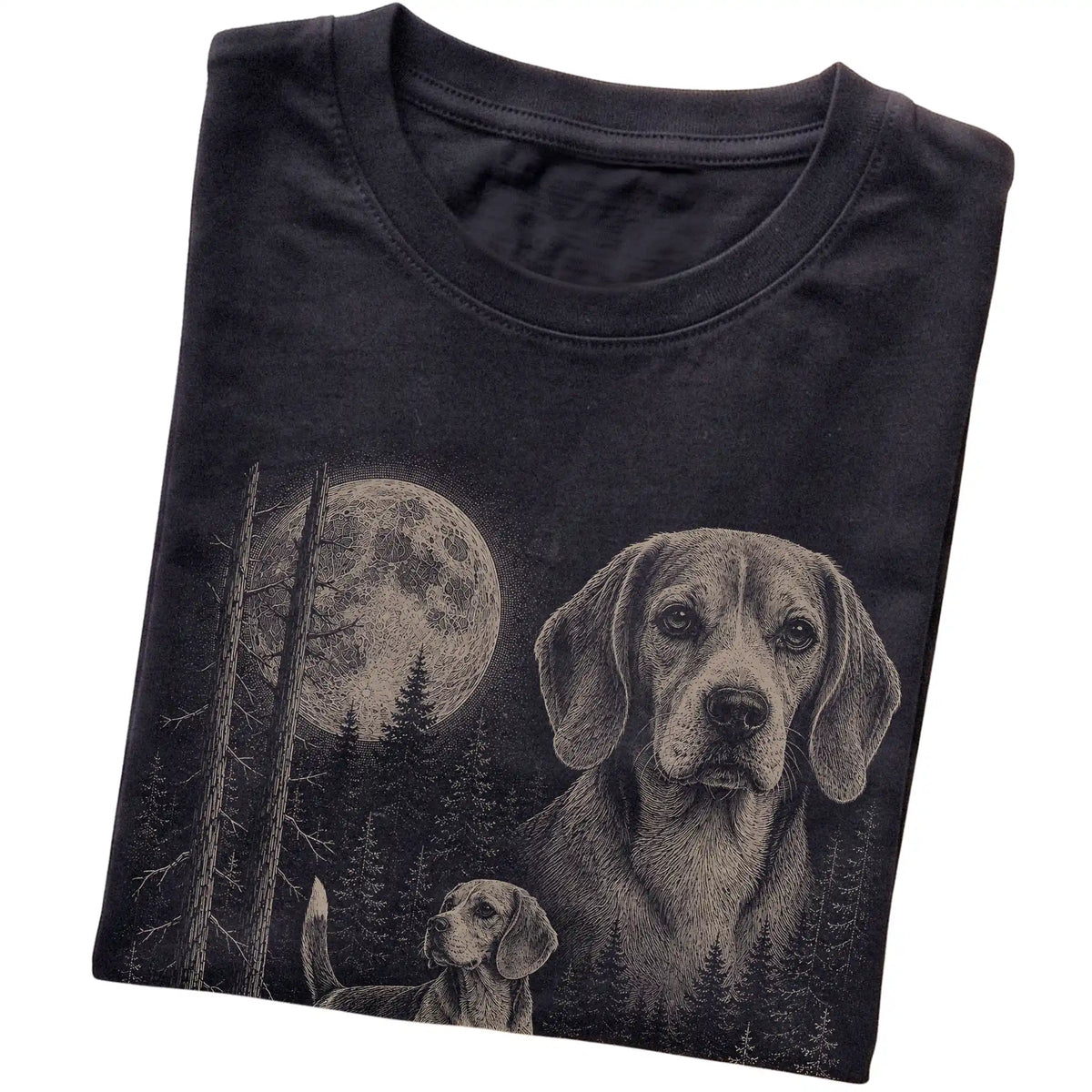 Folded black Softstyle T-shirt showing the Beagle Moonlit Forest graphic