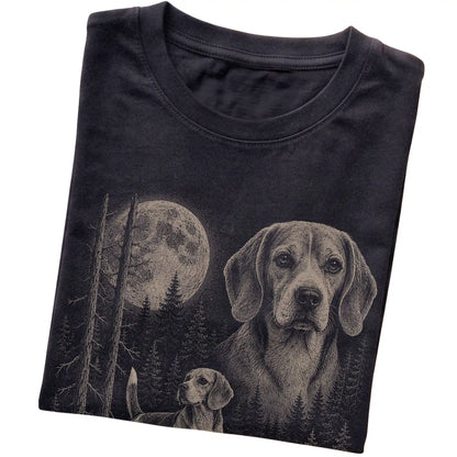 Folded black Softstyle T-shirt showing the Beagle Moonlit Forest graphic