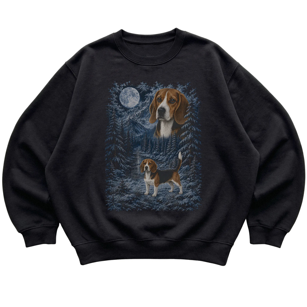 black sweatshirt with Beagle Winter Moon artwork.