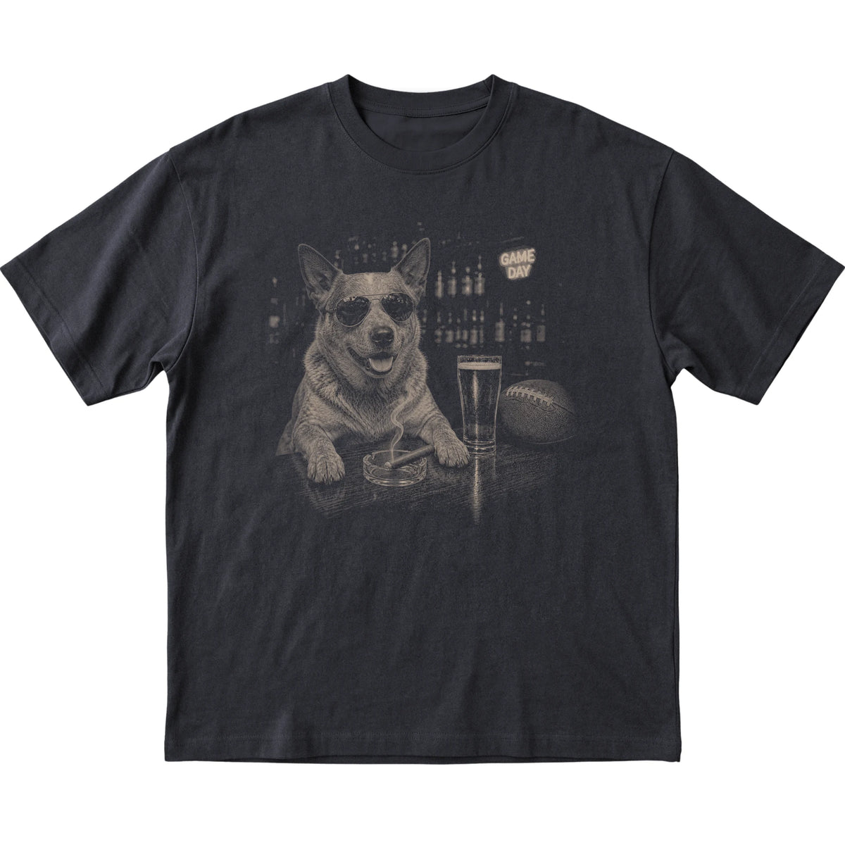 Black Beer and Football Australian Cattle Dog T-shirt, laid flat