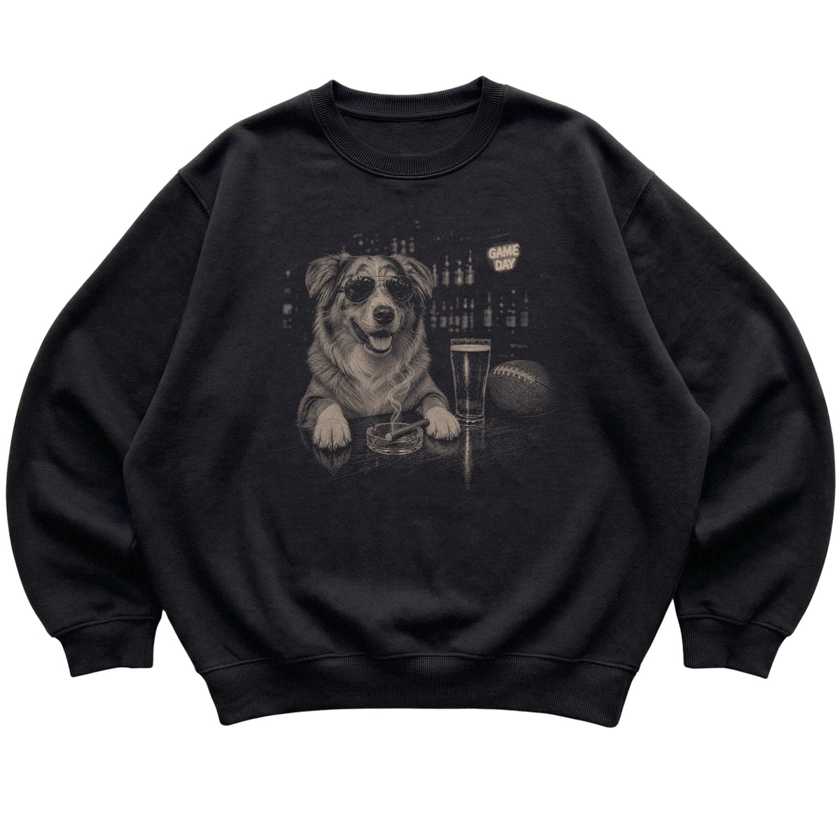 Black Beer and Football Australian Shepherd sweatshirt, laid flat