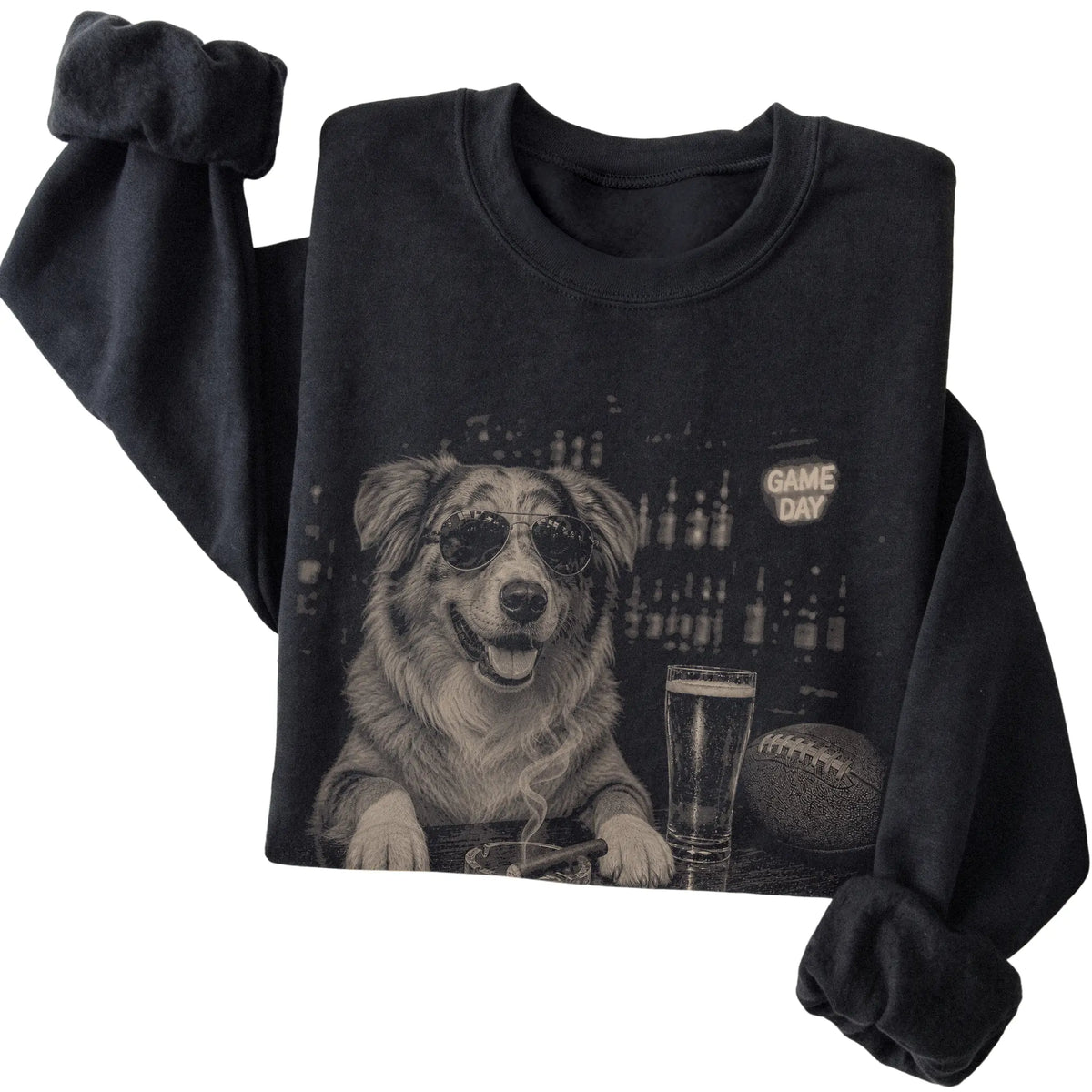 Black Beer and Football Australian Shepherd sweatshirt, folded