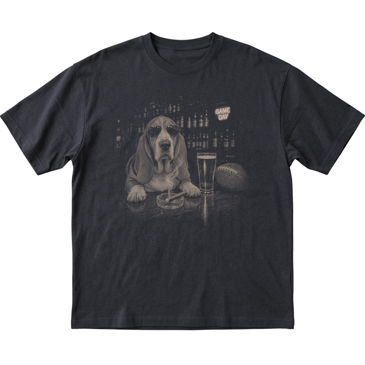 Black Beer and Football Basset Hound T-shirt, laid flat