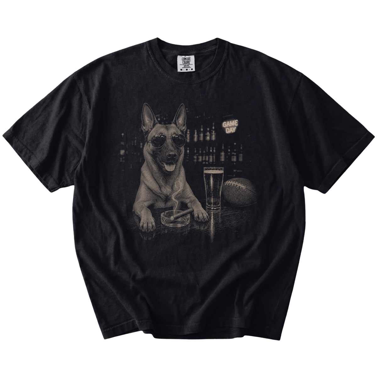 Belgian Malinois with beer and football graphics on a Black Comfort Colors® T-shirt