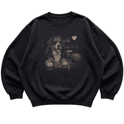 Black Beer and Football Bernese Mountain Dog sweatshirt, laid flat