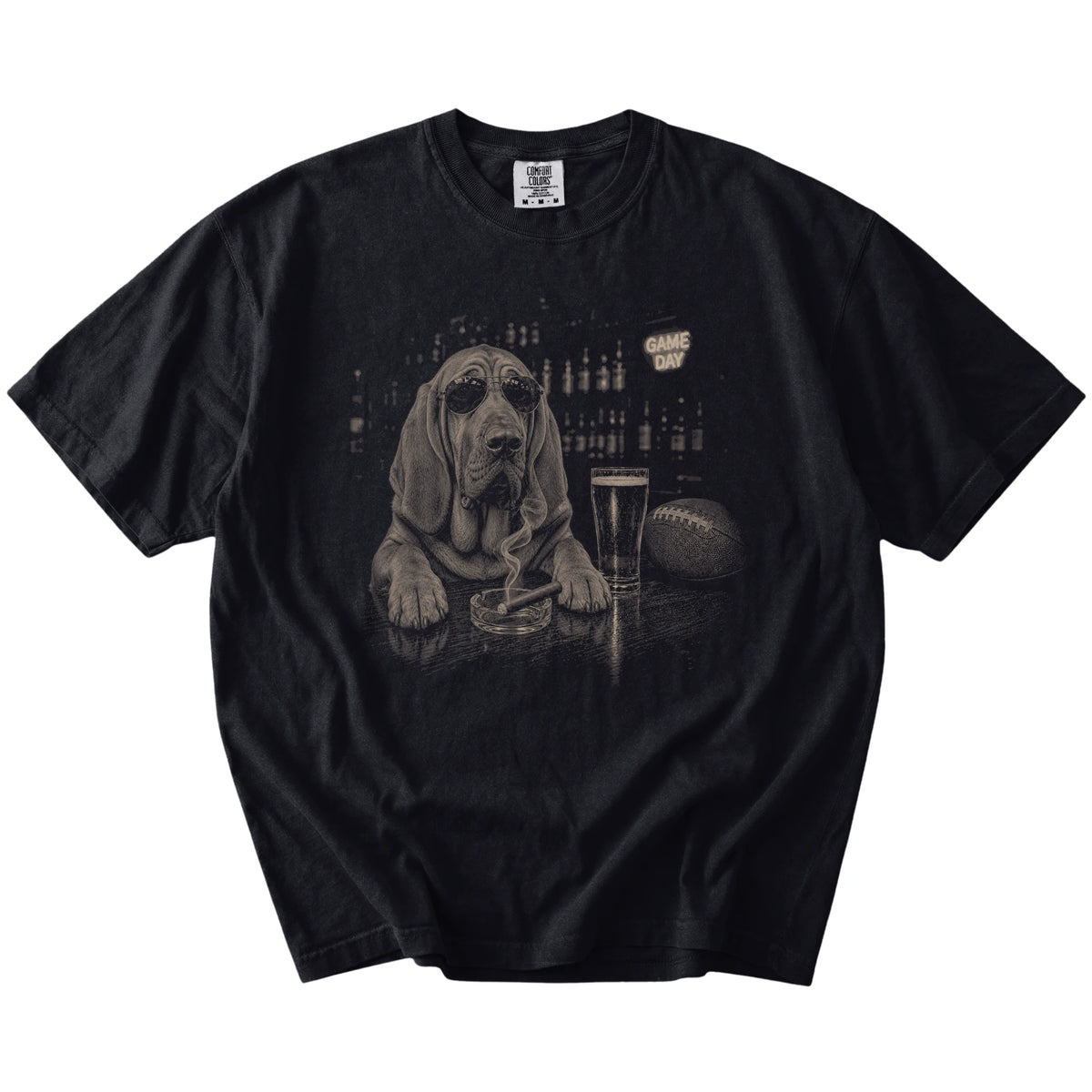 Bloodhound with beer and football graphics on a Black Comfort Colors® T-shirt