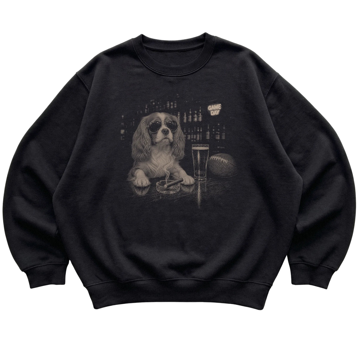 Black Beer and Football Cavalier King Charles Spaniel sweatshirt, laid flat
