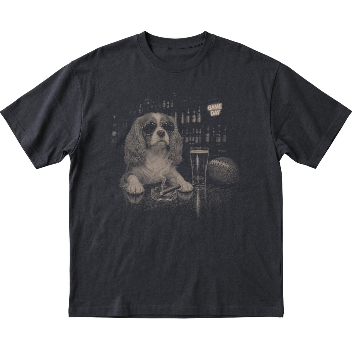 Black Beer and Football Cavalier King Charles Spaniel T-shirt, laid flat