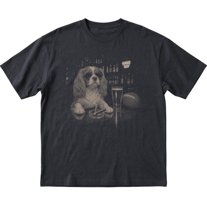 Black Beer and Football Cavalier King Charles Spaniel T-shirt, laid flat