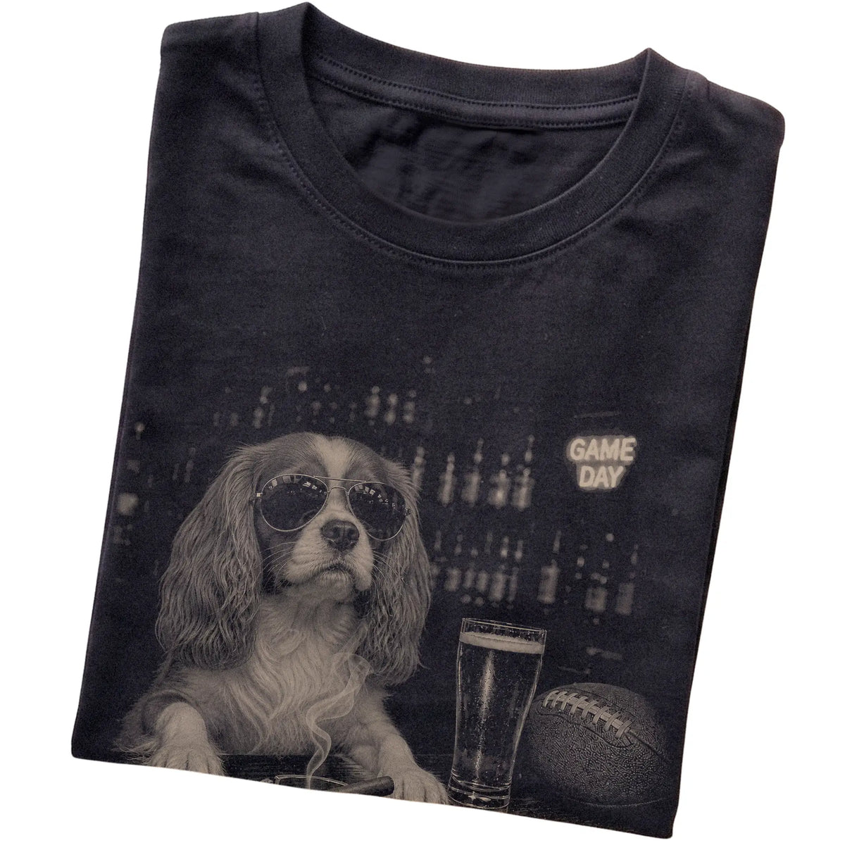 Black Beer and Football Cavalier King Charles Spaniel T-shirt, folded