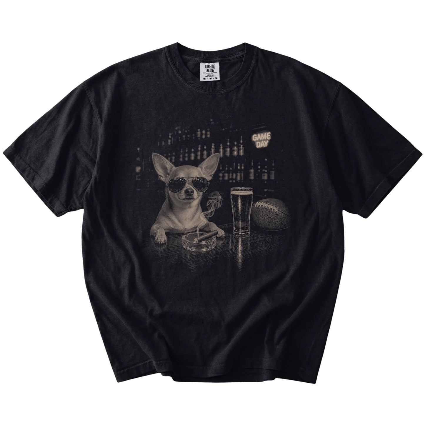 Chihuahua with beer and football graphics on a Black Comfort Colors® T-shirt