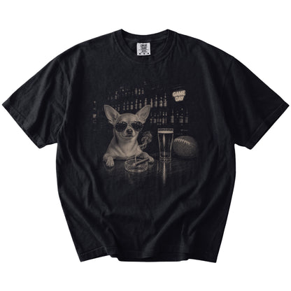 Chihuahua with beer and football graphics on a Black Comfort Colors® T-shirt
