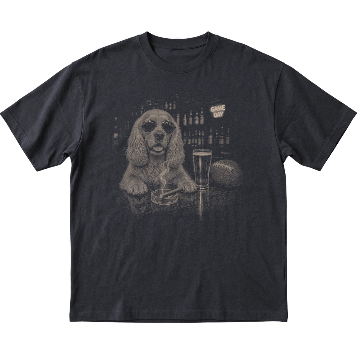 Black Beer and Football Cocker Spaniel T-shirt, laid flat