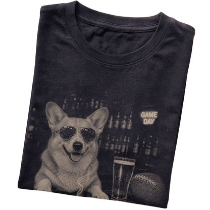 Black Beer and Football Corgi T-shirt, folded