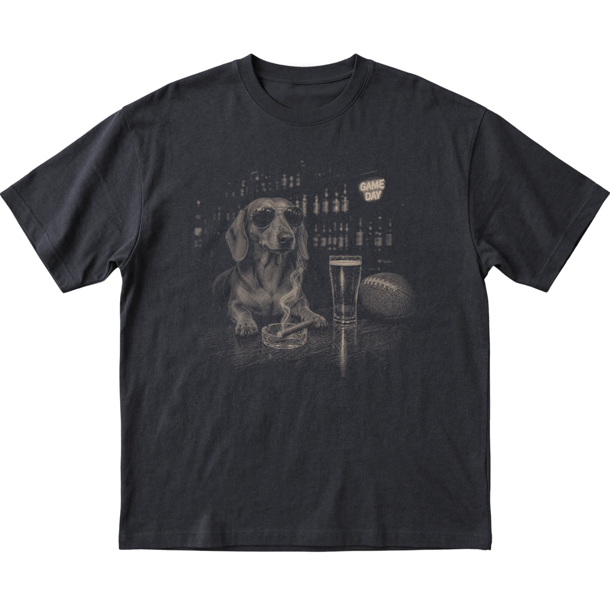 Black Beer and Football Dachshund T-shirt, laid flat