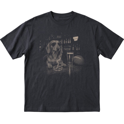 Black Beer and Football Dachshund T-shirt, laid flat