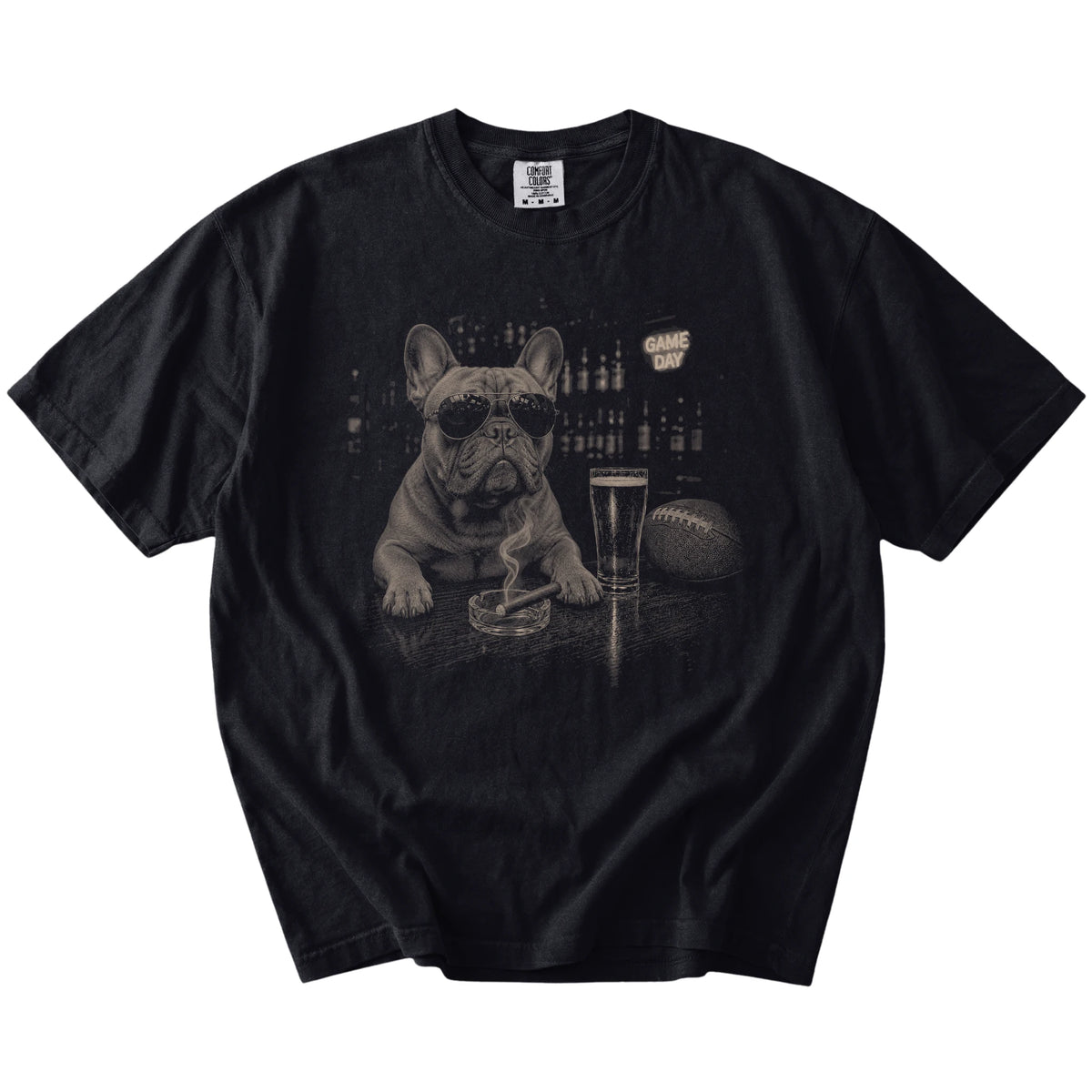 French Bulldog with beer and football graphics on a Black Comfort Colors® T-shirt