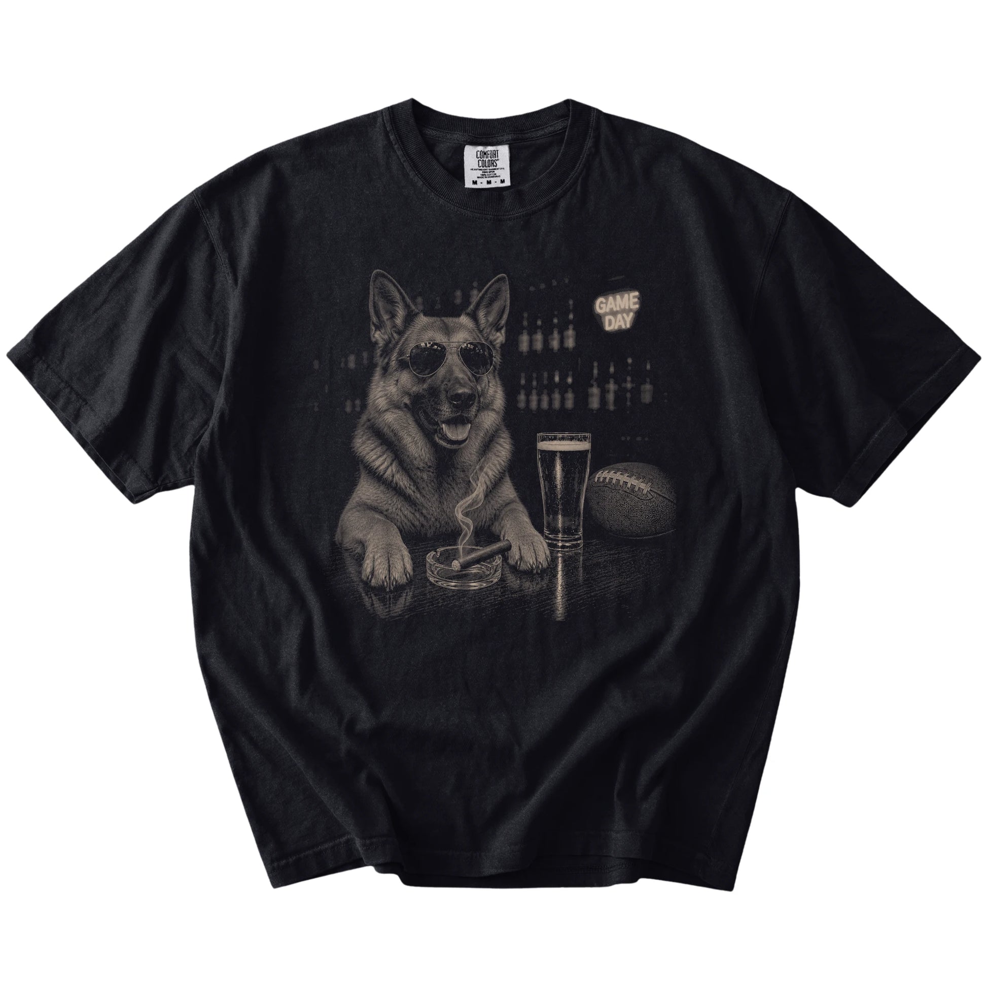 German Shepherd with beer and football graphics on a Black Comfort Colors® T-shirt