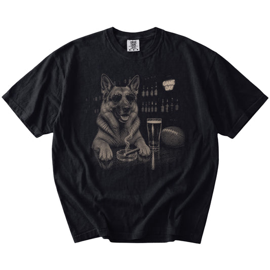 German Shepherd with beer and football graphics on a Black Comfort Colors® T-shirt