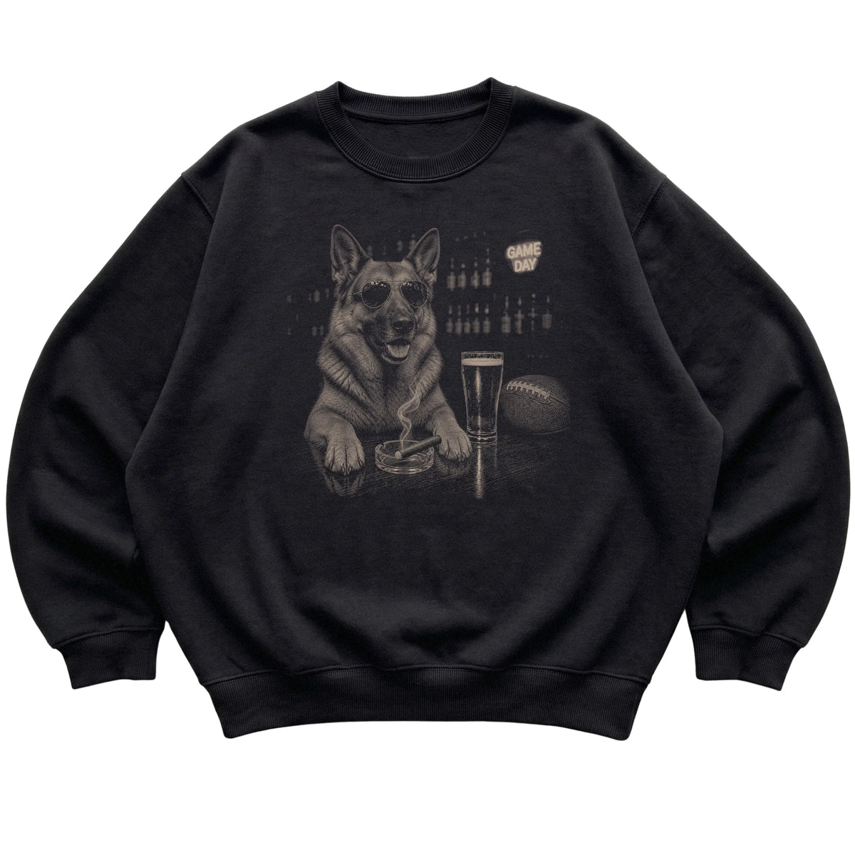 Black Beer and Football German Shepherd sweatshirt, laid flat