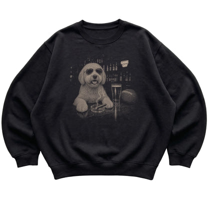 Black Beer and Football Goldendoodle sweatshirt, laid flat