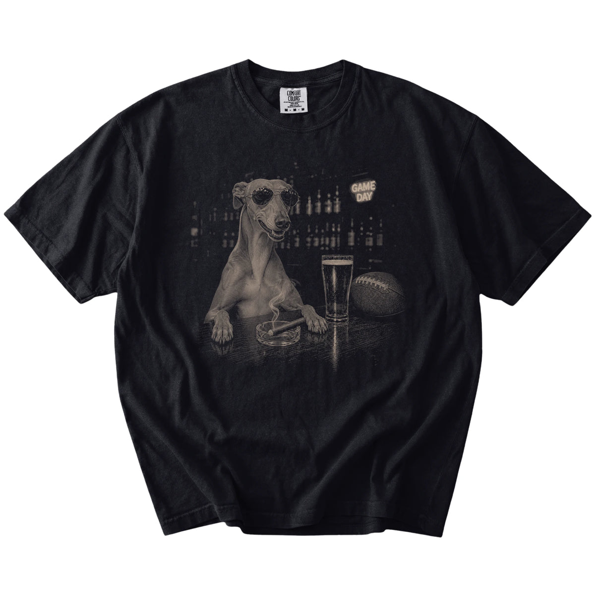 Greyhound with beer and football graphics on a Black Comfort Colors® T-shirt