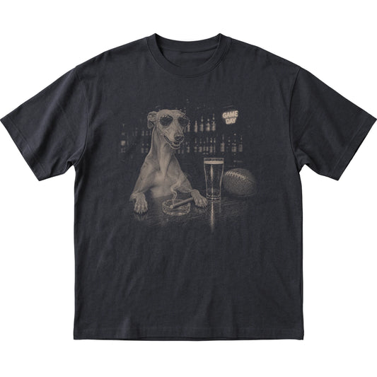 Black Beer and Football Greyhound T-shirt, laid flat