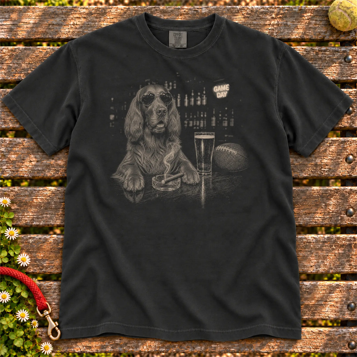Beer and Football Irish Setter design on a Black Comfort Colors T-shirt, shown flat