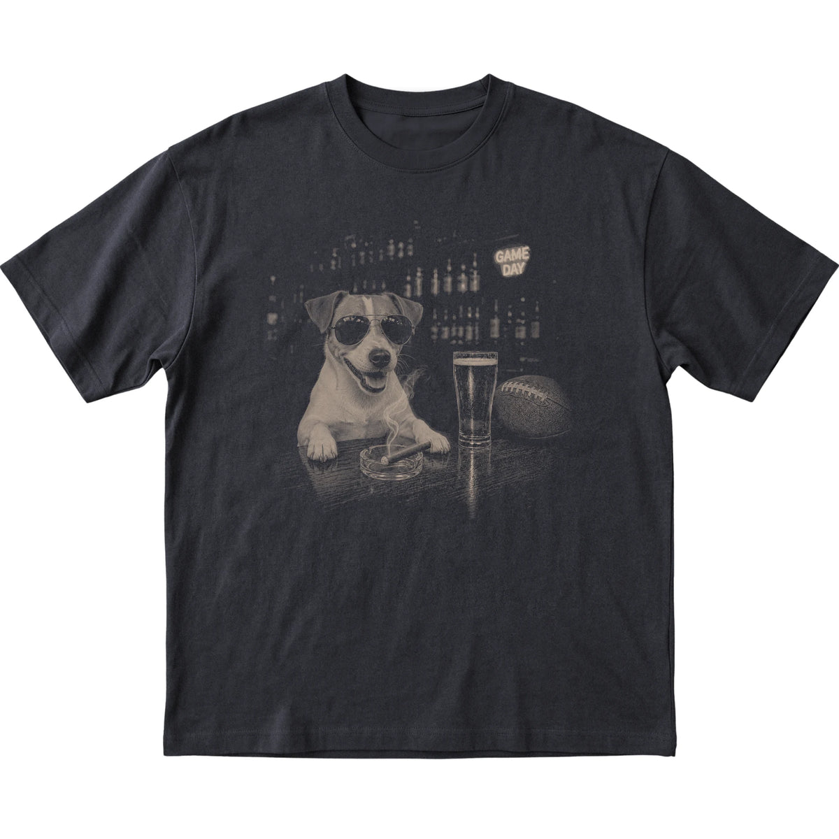 Black Beer and Football Jack Russell T-shirt, laid flat